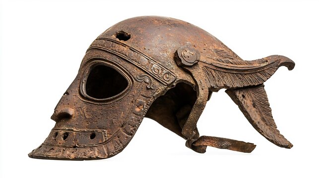 Ancient warrior's helmet, rusty and ornate, showing signs of age