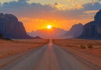 Serene Desert Landscape with Vibrant Sunset Over Mountains and Endless Road in Wadi Rum, Jordan