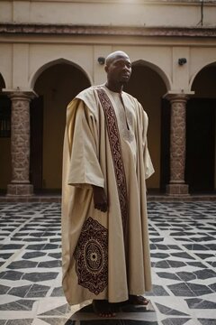 A senior nigerian man stands confidently in a traditional robe, showcasing intricate patterns. The background features a beautifully tiled courtyard with arches.
