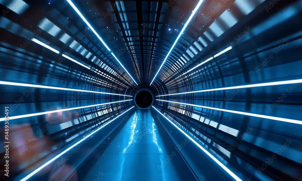 Aufkleber a futuristic tunnel with glowing blue lights and digital data flowing through it, leading to an open
