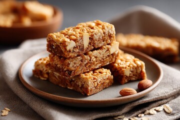 Naklejka premium Homemade nut and oat granola bars on a brown plate.