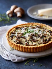 Savory mushroom tart with parmesan and herbs on rustic table setting.