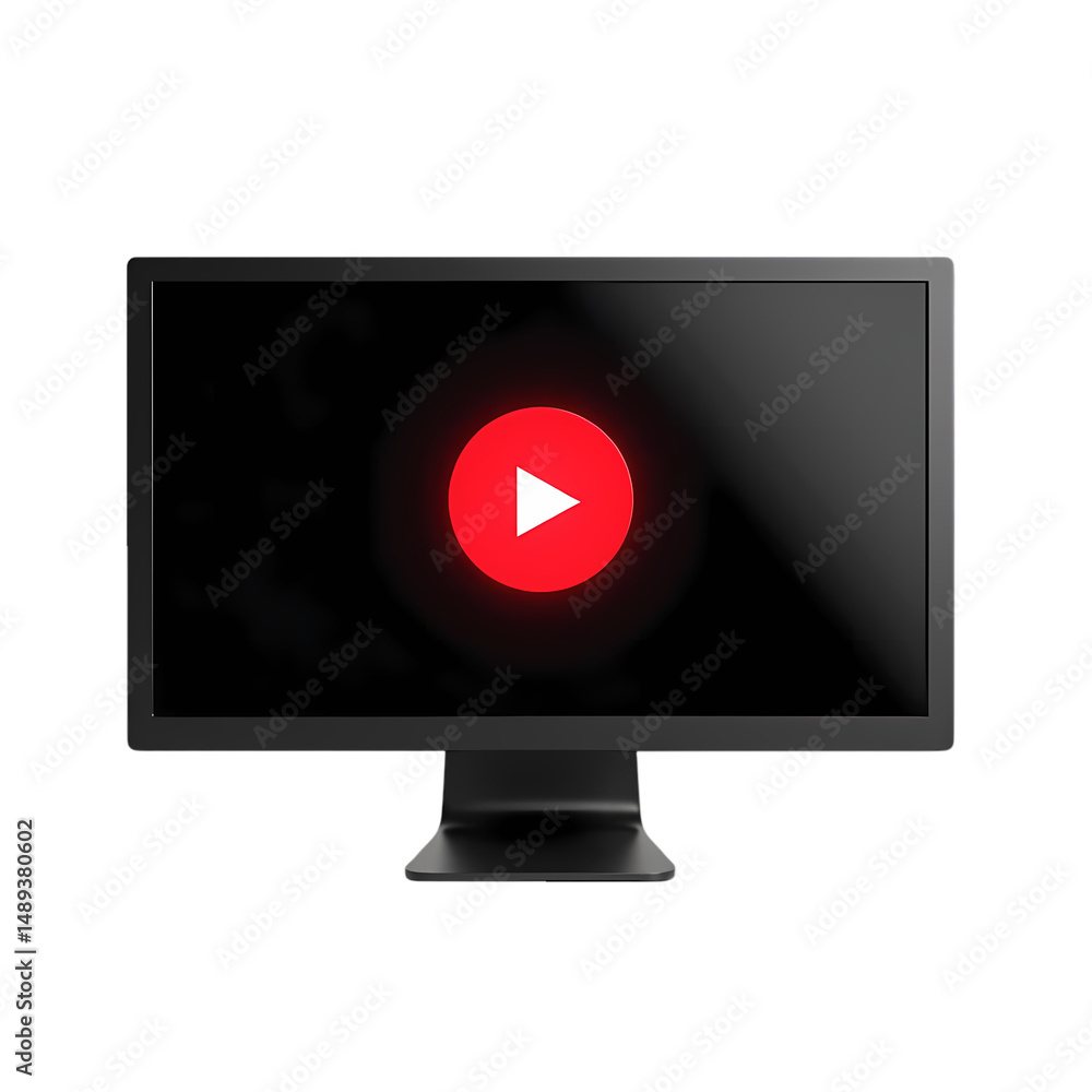 Poster a monitor displaying a red circle with a white triangle in a dark environment isolated on transparen