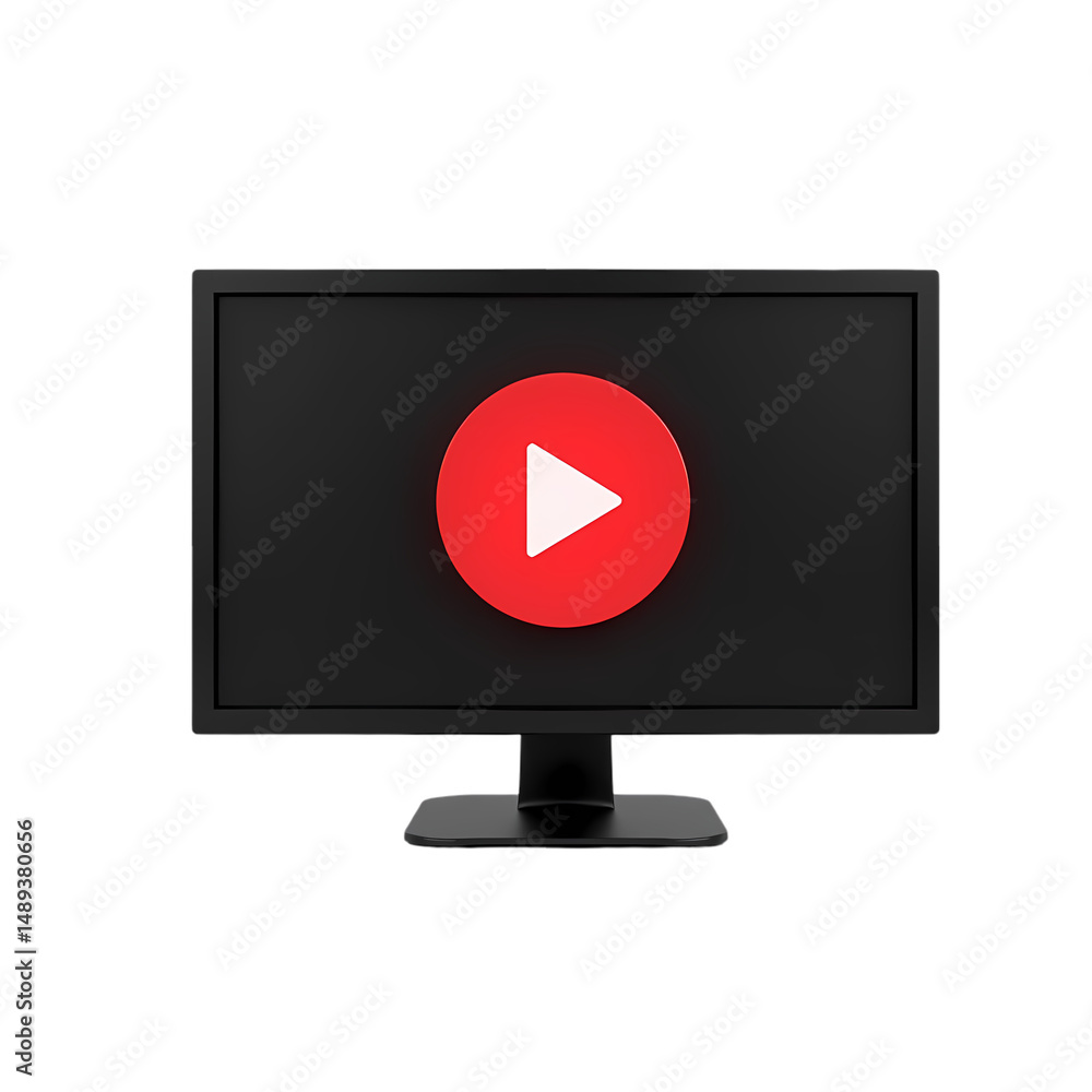 Poster a black computer monitor displaying a red circle with a white play button isolated on transparent ba