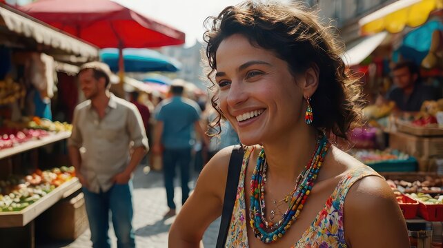A smiling woman with colorful jewelry at an outdoor market with various vendors and people around her