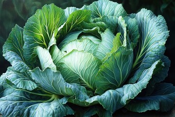 Obraz premium Close-up of a healthy cabbage head with large, textured green leaves unfolding in natural light