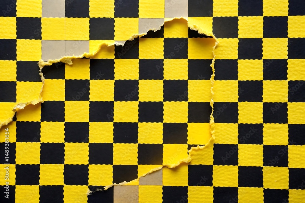 Poster abstract yellow and black checkerboard pattern with torn surface design