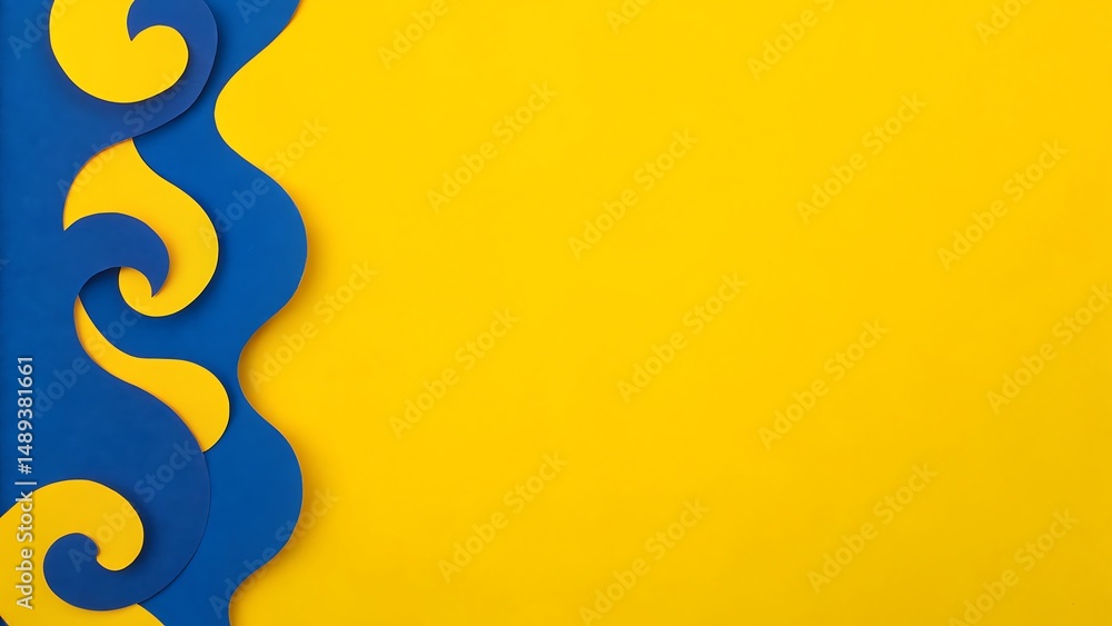 Poster artistic arrangement of blue and yellow paper cutouts creating a vibrant and dynamic design element 