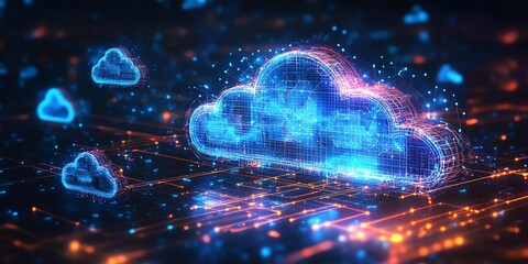 Digital Cloud Network: Glowing Wireframe Cloudscape