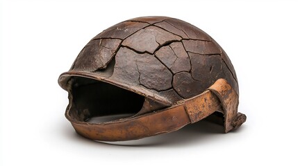 Antique, weathered motorcycle helmet, showing signs of age and wear.  Cracked, brown shell
