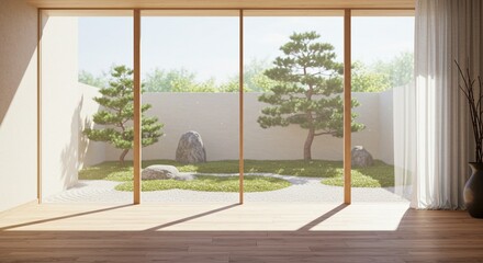 Fototapeta premium Indoor View of Zen Garden with Trees and Rocks