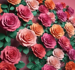 Multi-sized paper roses, colorful backdrop, floral gradient,  floral,  blue