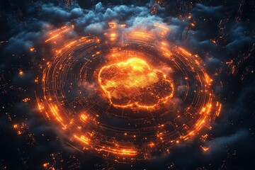 Fototapeta premium Fiery Cloud Network: Futuristic Circuits in a Smoky Nightscape