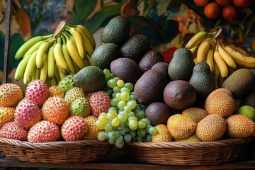 Various types of fresh tropical fruits including bananas, avocados, grapes, and exotic spiky fruits displayed in woven baskets against a colorful backdrop
