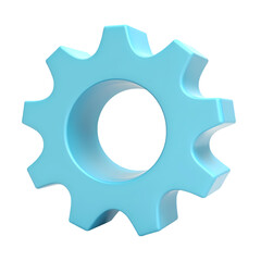 A light blue gear with multiple teeth and a central hole  in a rendered  isolated on transparent background