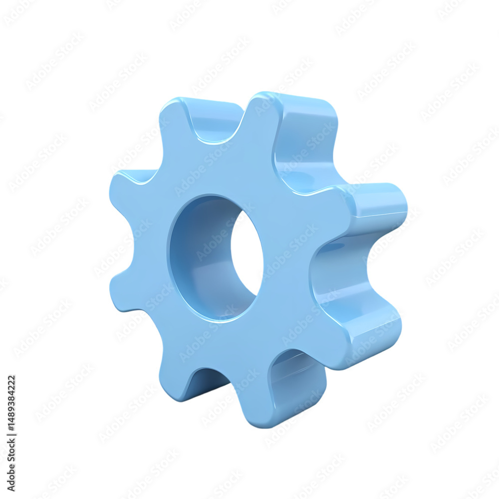 Poster a light blue gear with rounded edges in a three d rendering style isolated on transparent background