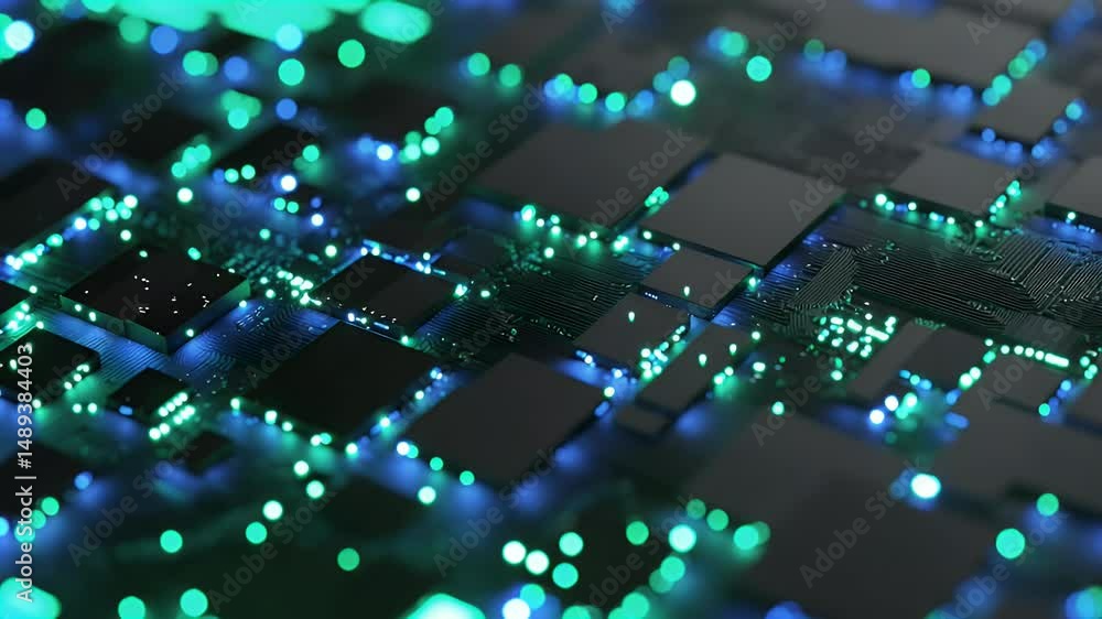 Aufkleber 3d black circuit board with green and orange glowing components, an intricate design of small matte-