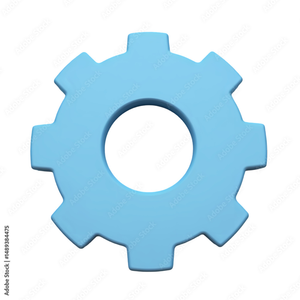 Poster a light blue gear with rounded teeth in a digital rendering style isolated on transparent background