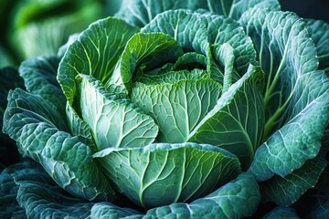 Obraz premium Close-up of fresh green cabbage with tightly packed leafy layers and prominent veins