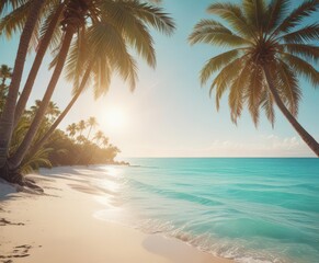 Sun-drenched palm trees arch over pristine sand, turquoise water sparkles  Vintage film grain ,  exotic,  film grain