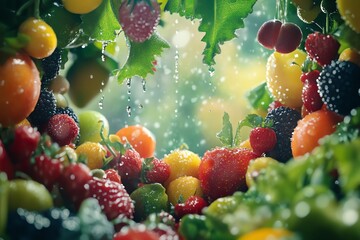 Fototapeta premium Fresh and vibrant assortment of fruits with droplets in a natural setting.