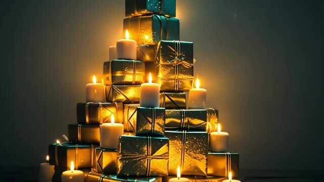 This video features a colorful stack of beautifully wrapped gifts arranged in the shape of a christmas tree, glowing warmly. Perfect for greeting cards and festive holiday messages.