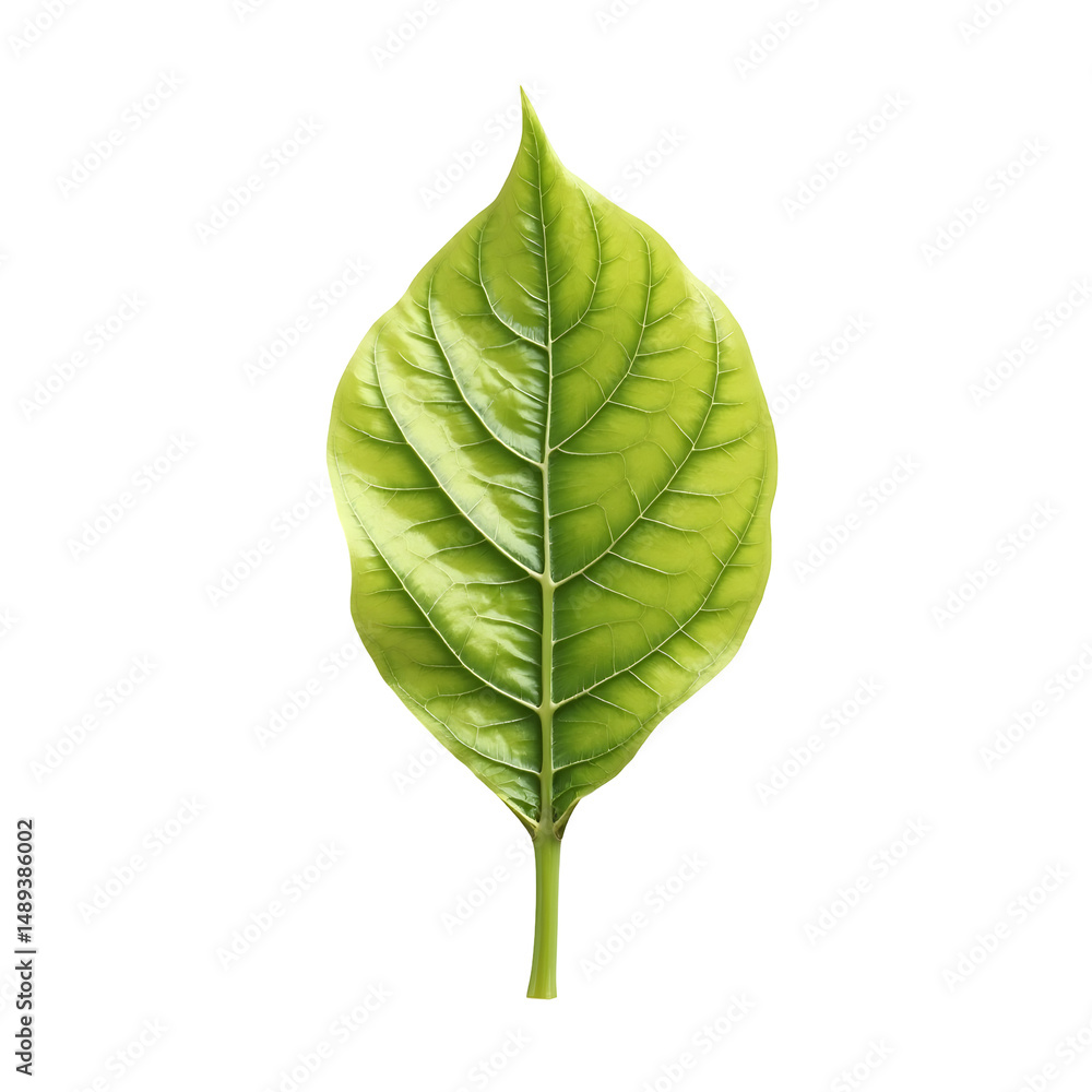 Poster hyperrealistic depiction of a single green leaf showcasing intricate details against a minimalist se