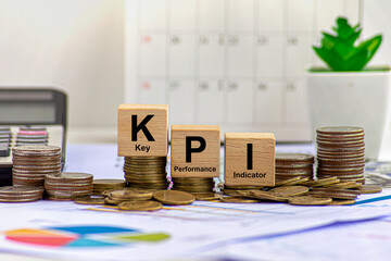KPI concept. Wooden blocks with KPI icons,copy space. Key Performance   Indicator using business...