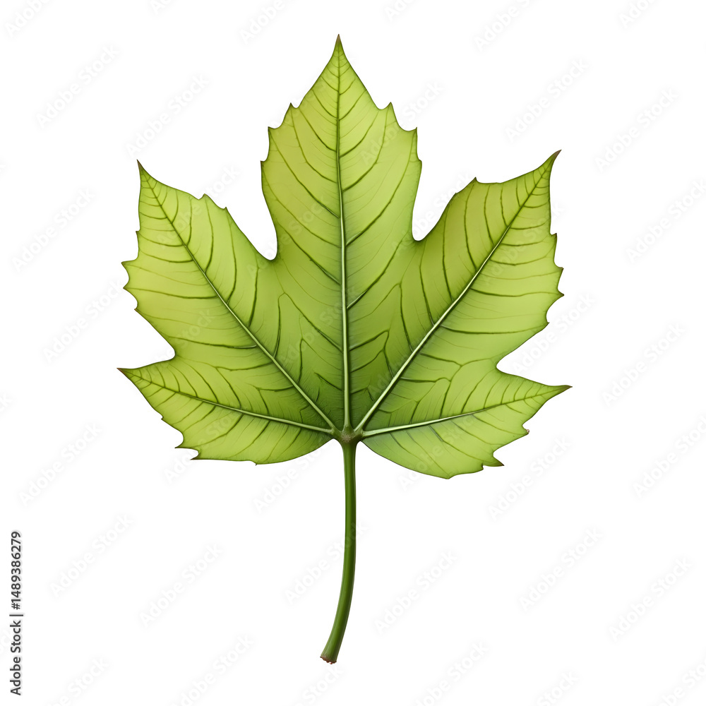 Aufkleber hyperrealistic depiction of a single, vibrant green maple leaf showcasing intricate vein details and