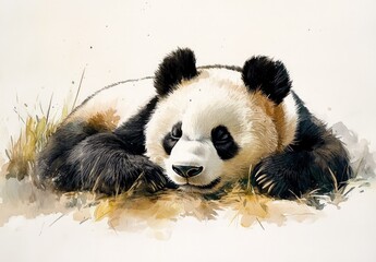 Fototapeta premium Resting Giant Panda in Serene Natural Environment, Peaceful Wildlife Illustration with Soft Colors and Gentle Details