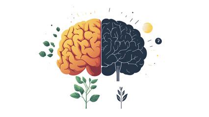 Creative vs. Analytical Brain Hemisphere Split Illustration with Nature and Tech Elements