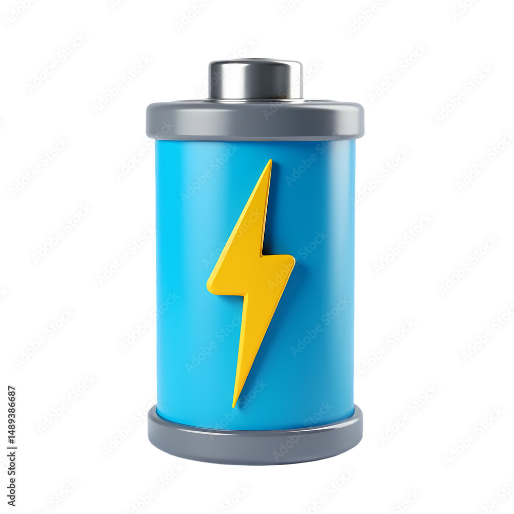 Poster a blue battery with a yellow lightning bolt symbol on it in a black isolated background view isolate