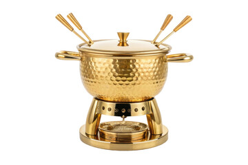 PNG Golden fondue set with textured pot and four forks on stand