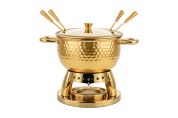 PNG Golden fondue set with textured pot and four forks on stand