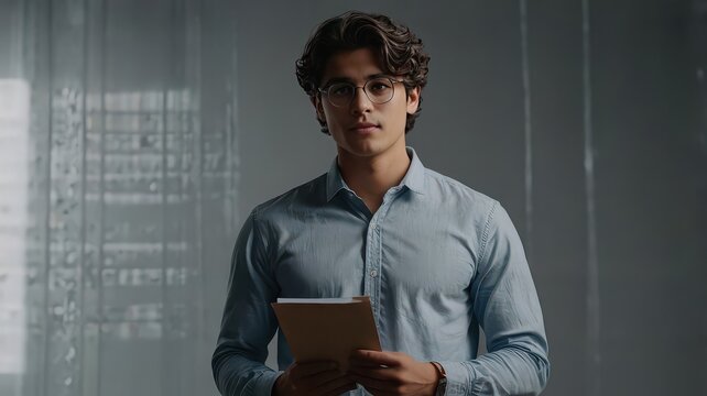 Portrait of a young man with glasses holding a notebook in a bright office environment looking forward - Powered by Adobe