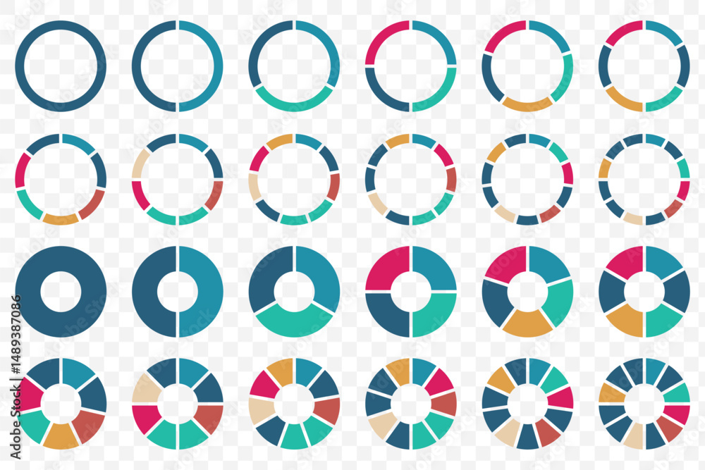 Poster pie chart set. colorful diagram collection with 1 - 12 sections or steps. circle icons for infograph