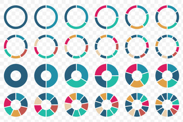 Pie chart set. Colorful diagram collection with 1 - 12 sections or steps. Circle icons for infographic, UI, web design, business presentation. Vector illustration on Transparent Background. EPS 10.