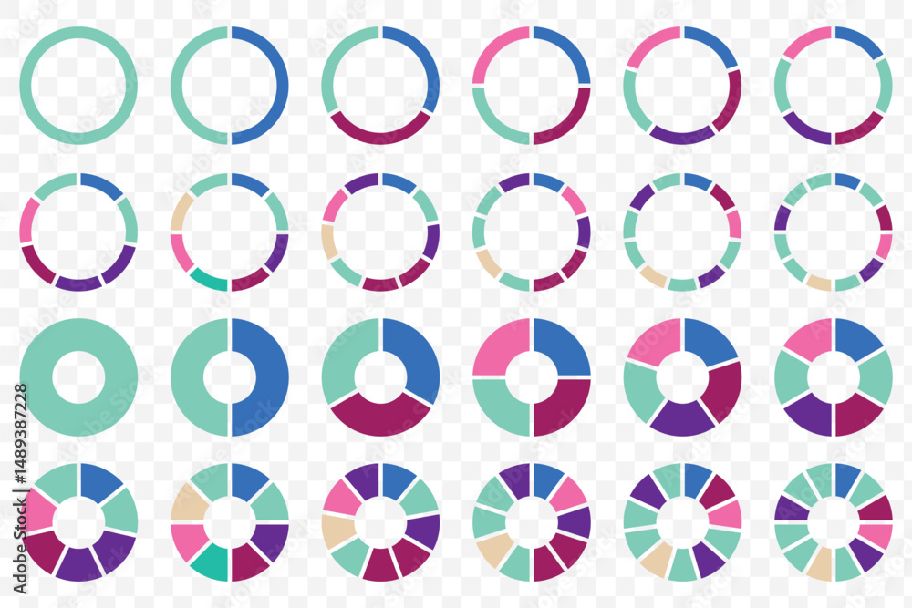 Poster pie chart set. colorful diagram collection with 1 - 12 sections or steps. circle icons for infograph