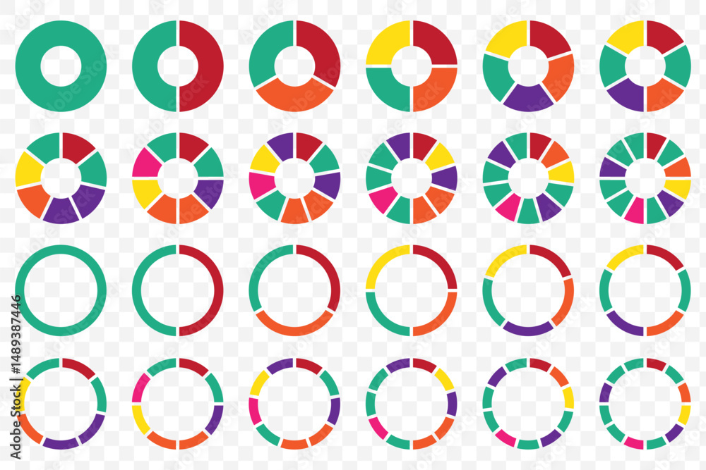 Poster pie chart set. colorful diagram collection with 1 - 12 sections or steps. circle icons for infograph