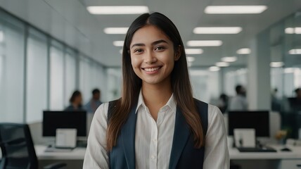Fototapeta premium Portrait of smiling woman in office setting with desks and computers in the background and natural light