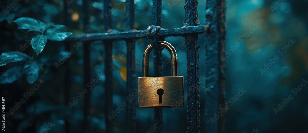 Poster golden padlock secured on old rusty gate surrounded by lush greenery in a mysterious forest setting 
