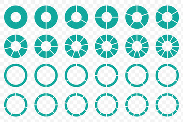 Pie chart set Circle pie chart diagram. Circle icons for infographic. Colorful diagram collection with 1 - 12 sections or steps. Flat process cycle. Progress sectors on Transparent Background. EPS 10.