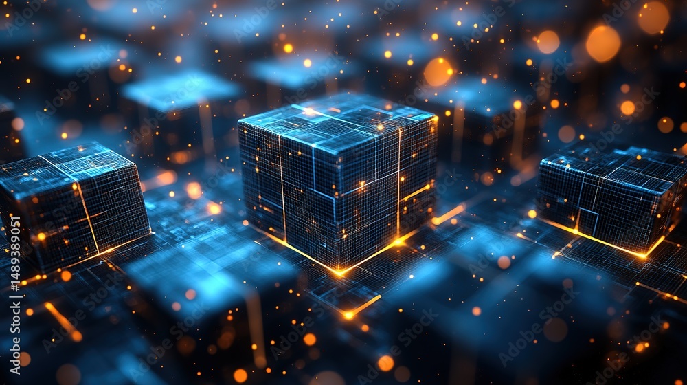 Poster futuristic abstract 3d geometric cubes with glowing blue elements and bokeh effects – digital techno
