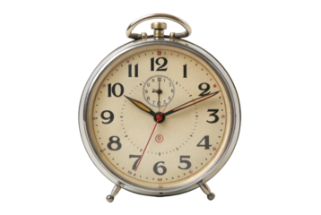 PNG Vintage silver alarm clock with retro design and analog face