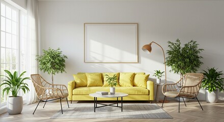 Living Room with Yellow Sofa and Natural Light Interior Design