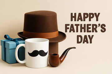 happy fathers day brown hat coffee mug pipe gift box beige background classic dad tribute love memory warm style