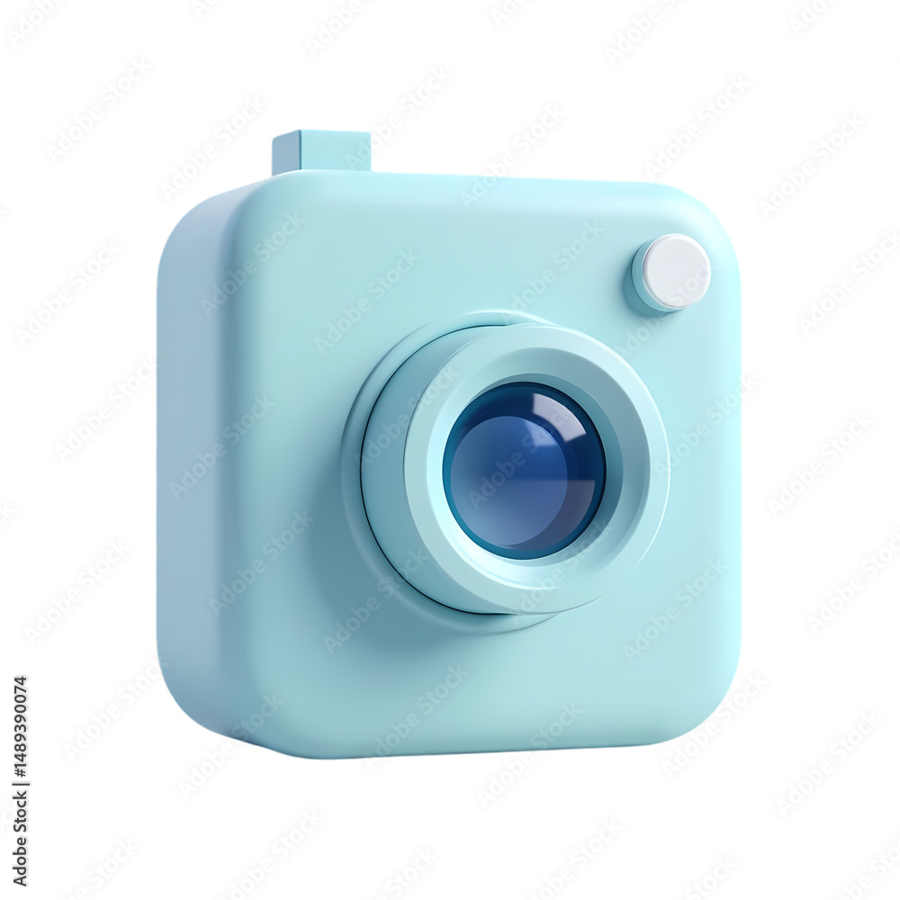 Poster a light blue toy camera with a round lens and a white button in a studio shot isolated on transparen