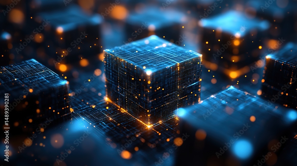 Poster futuristic abstract 3d geometric cubes with glowing blue elements and bokeh effects – digital techno