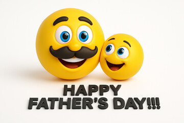 happy fathers day emoji with mustache and smiling child emoji together with black happy fathers day text on white background