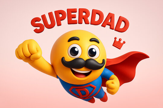 Happy fathers day superdad emoji in blue red costume flying with cape mustache smiling cartoon hero on pink background